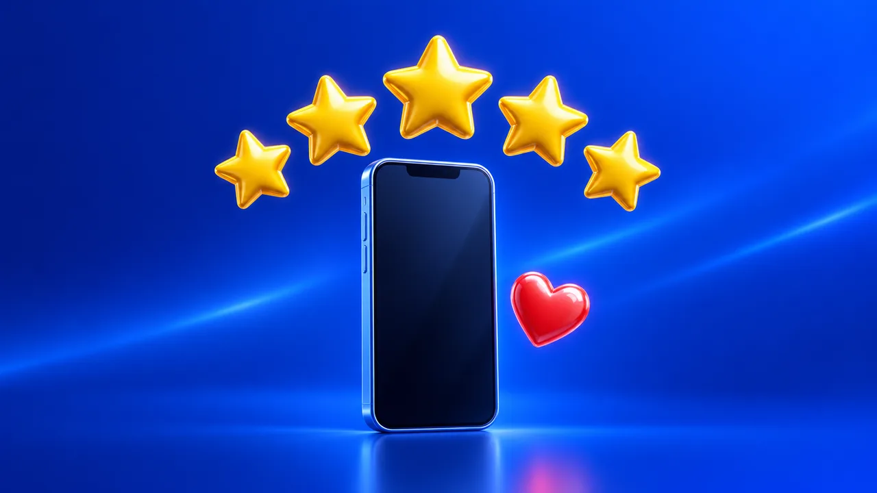 Cinq étoiles dorées au-dessus d’un smartphone avec un cœur