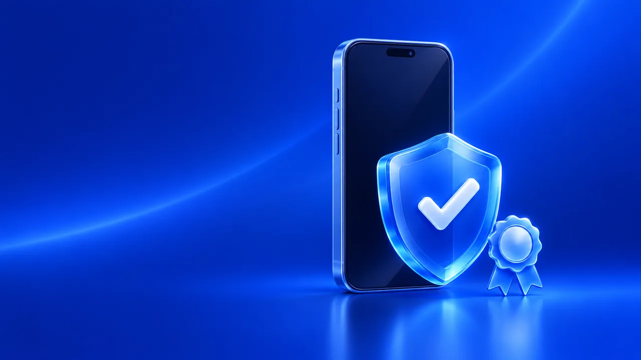 Smartphone avec un bouclier bleu et une coche de garantie