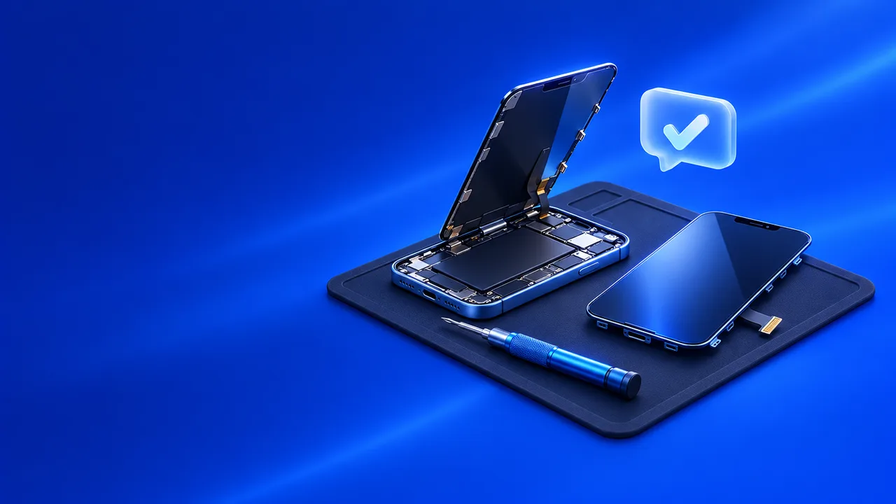 Smartphone ouvert sur un tapis de réparation avec tournevis et écran de rechange