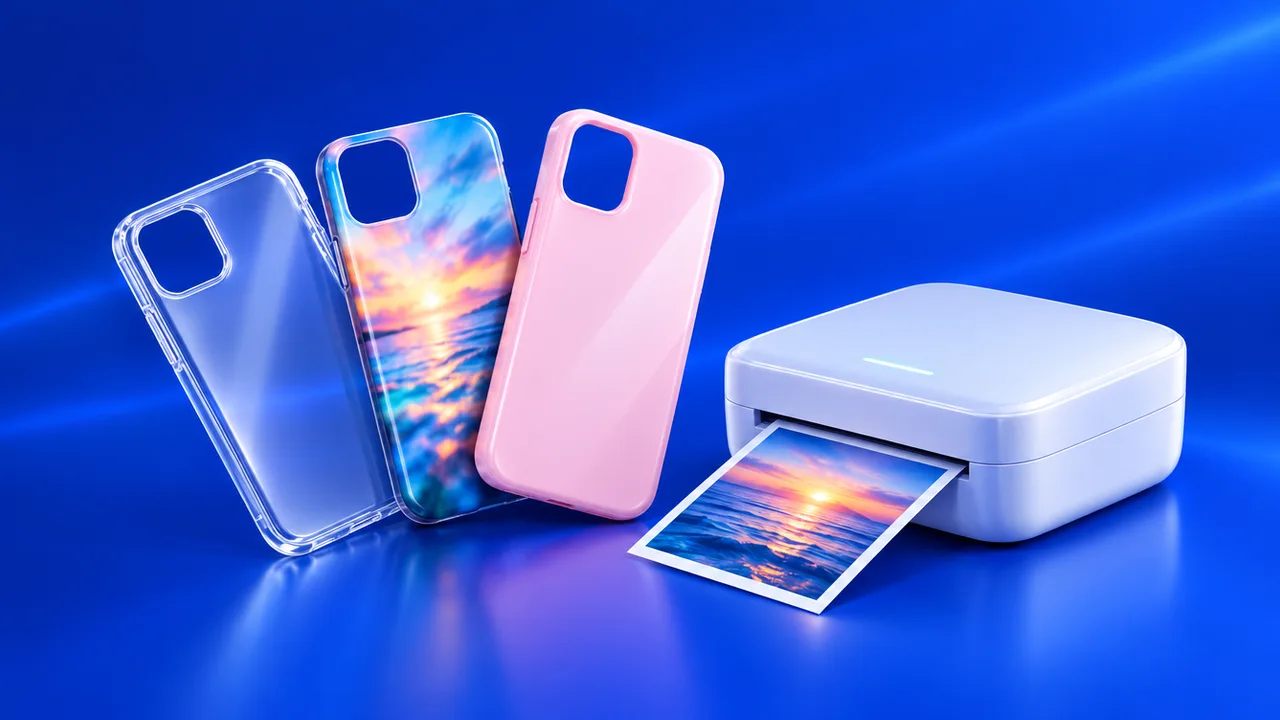 Coques de téléphone transparente, imprimée et rose à côté d’une imprimante compacte