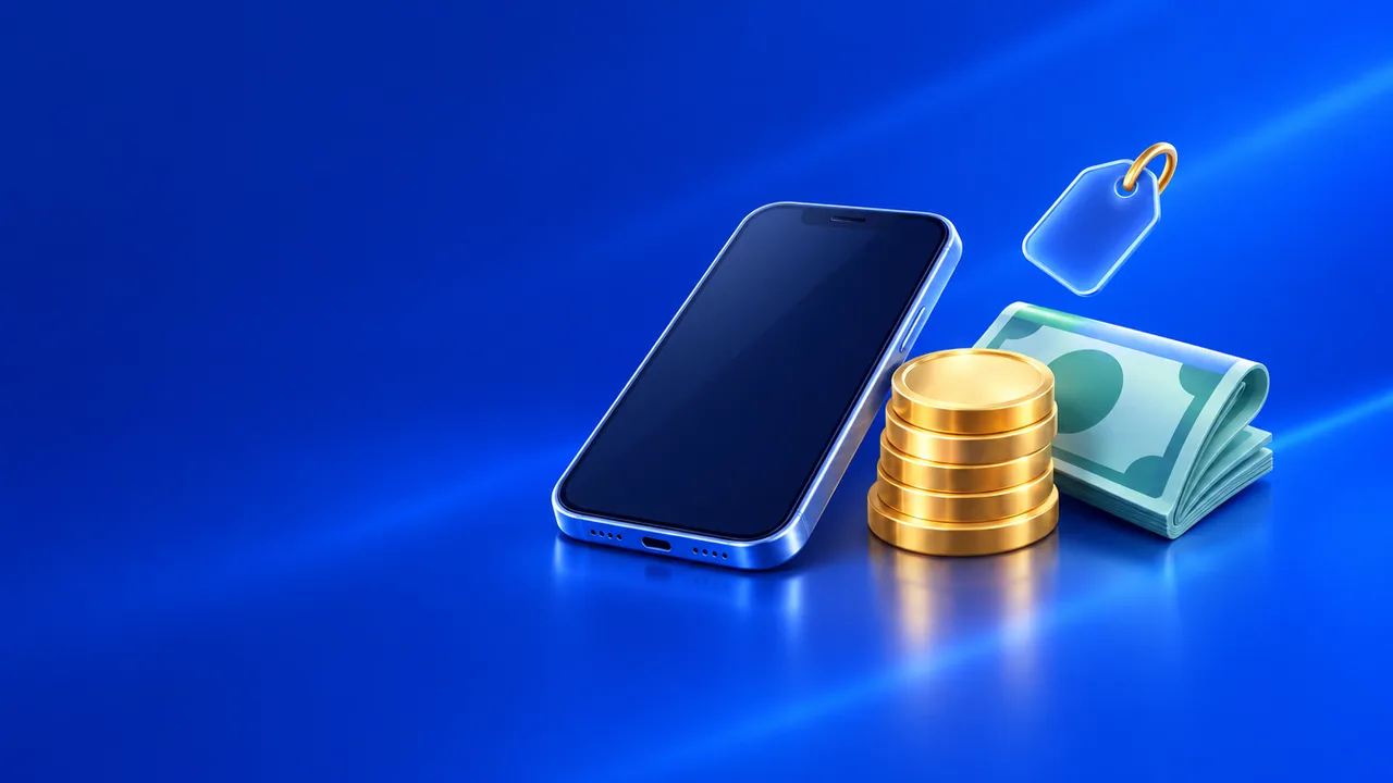 Smartphone à côté d’une pile de pièces, d’un billet et d’une étiquette de prix