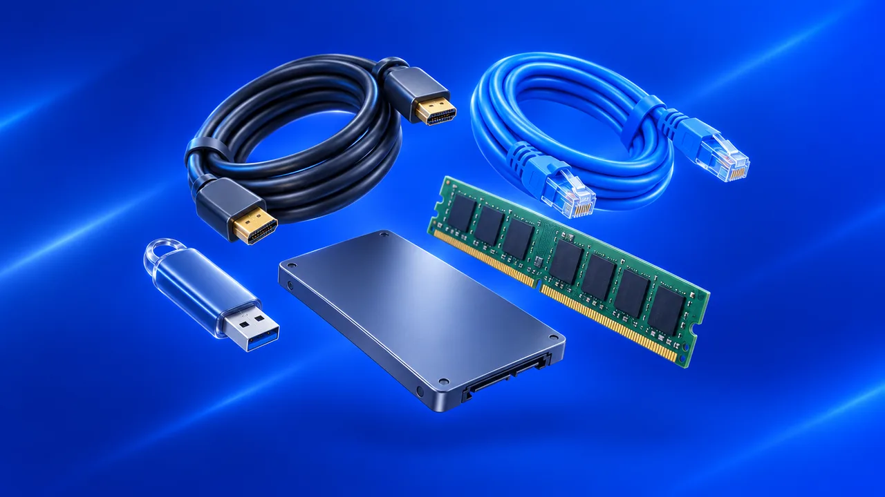 Câble HDMI, câble réseau, clé USB, SSD et barrette de mémoire