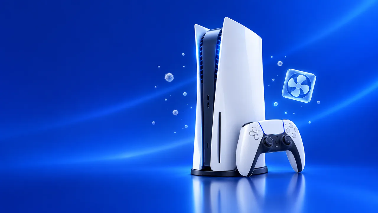 Console de jeu blanche avec sa manette et des particules de poussière