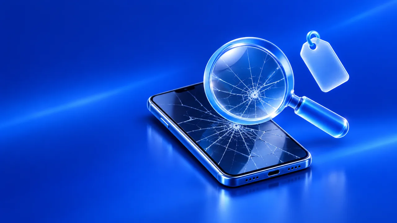 Smartphone à l’écran fissuré sous une loupe avec une étiquette de prix