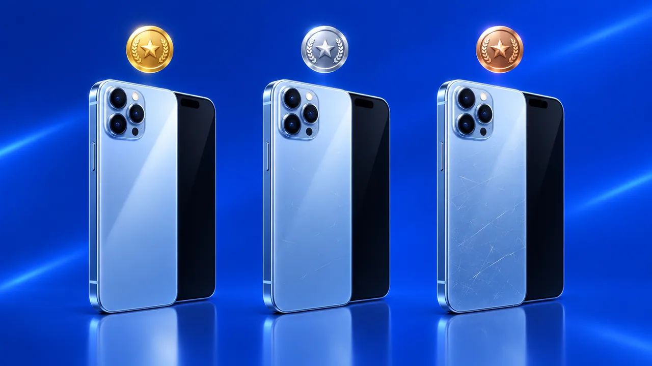 Trois smartphones avec des médailles or, argent et bronze symbolisant les grades A, B et C